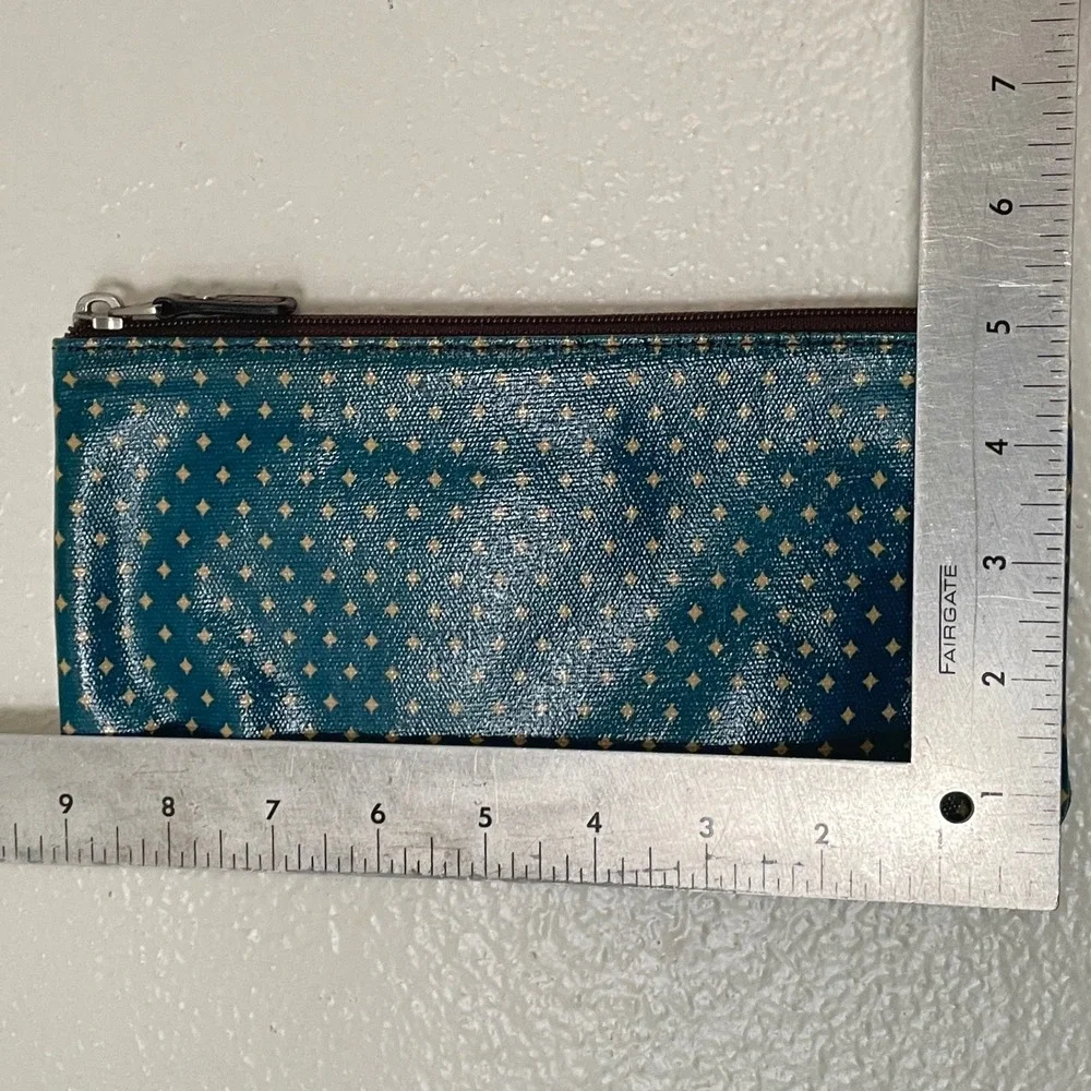 Fossil Teal Blue Gold Starburst Coated Canvas Slim Zipper Pouch Makeup Bag